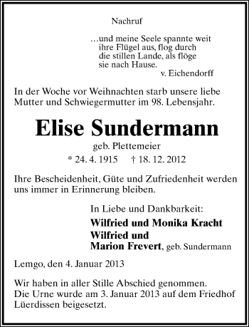 Anzeige  Elise Sundermann  Lippische Landes-Zeitung