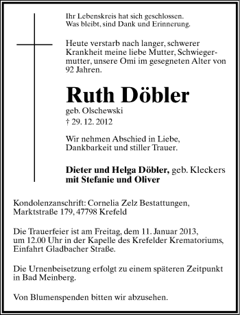 Anzeige  Ruth Döbler  Lippische Landes-Zeitung