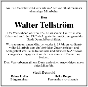 Anzeige  Walter Tellström  Lippische Landes-Zeitung