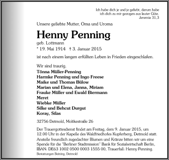 Anzeige  Henny Penning  Lippische Landes-Zeitung
