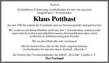 Anzeige  Klaus Potthast  Lippische Landes-Zeitung
