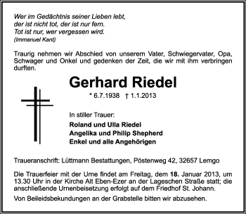 Anzeige  Gernhard Riedel  Lippische Landes-Zeitung