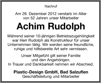 Anzeige  Achim Rudolph  Lippische Landes-Zeitung