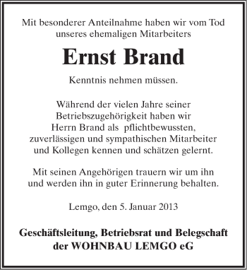 Anzeige  Ernst Brand  Lippische Landes-Zeitung