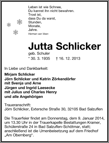 Anzeige  Jutta Schlicker  Lippische Landes-Zeitung