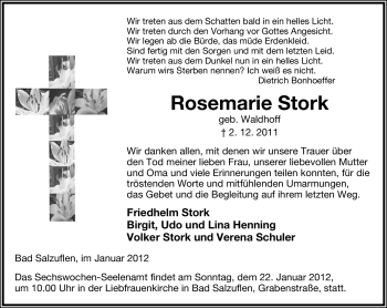 Anzeige  Rosemarie Stork  Lippische Landes-Zeitung