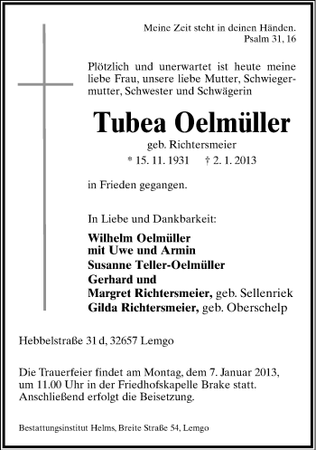 Anzeige  Tubea Oelmüller  Lippische Landes-Zeitung