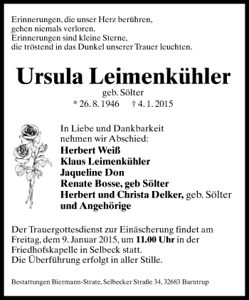 Anzeige  Ursula Leimenkühler  Lippische Landes-Zeitung