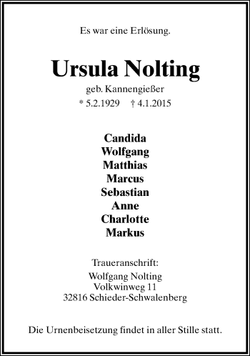 Anzeige  Ursula Nolting  Lippische Landes-Zeitung