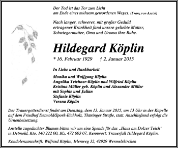 Anzeige  Hildegard Köplin  Lippische Landes-Zeitung
