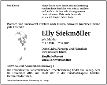 Anzeige  Elly SiekmÃ¶ller  Lippische Landes-Zeitung