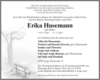 Anzeige  Erika Husemann  Lippische Landes-Zeitung