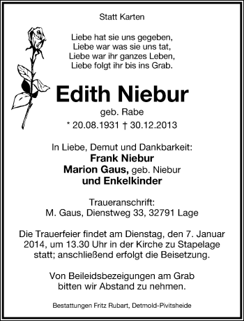 Anzeige  Edith Niebur  Lippische Landes-Zeitung