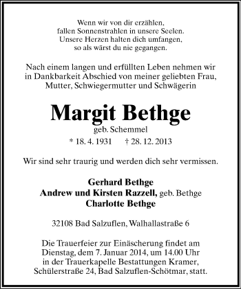 Anzeige  Margit Bethge  Lippische Landes-Zeitung