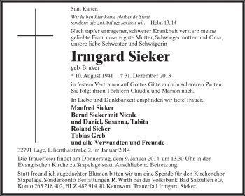 Anzeige  Irmgard Sieker  Lippische Landes-Zeitung