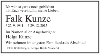 Anzeige  Falk Kunze  Lippische Landes-Zeitung