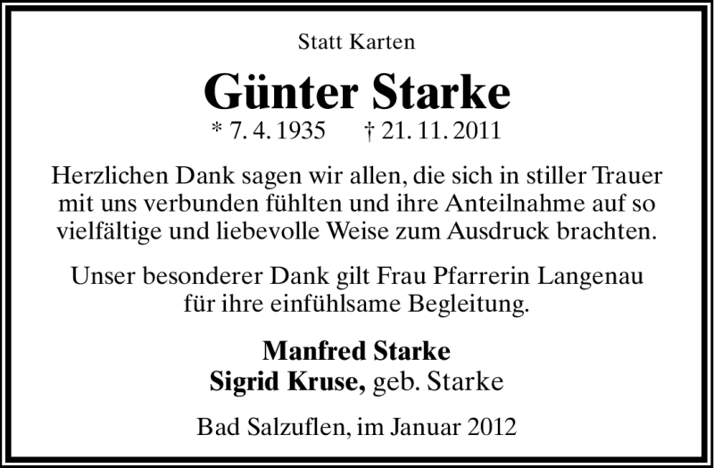  Traueranzeige für Günter Starke vom 07.01.2012 aus Lippische Landes-Zeitung