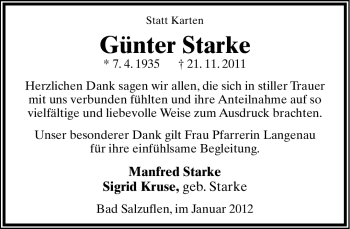Anzeige  Günter Starke  Lippische Landes-Zeitung