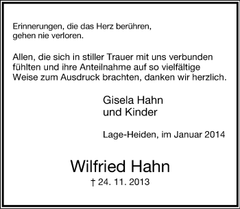 Anzeige  Wilfried Hahn  Lippische Landes-Zeitung