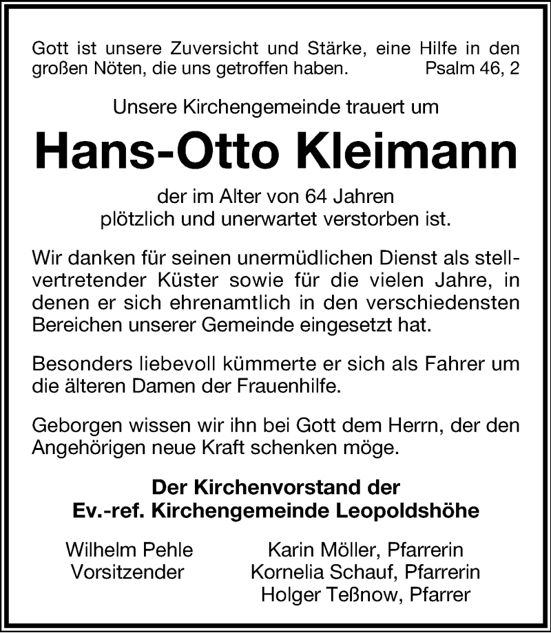  Traueranzeige für Hans-Otto Kleimann vom 04.01.2014 aus Lippische Landes-Zeitung