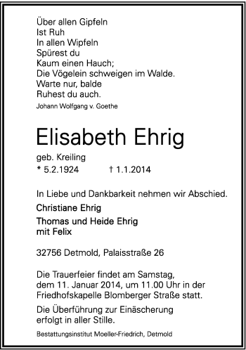 Anzeige  Elisabeth Ehrig  Lippische Landes-Zeitung