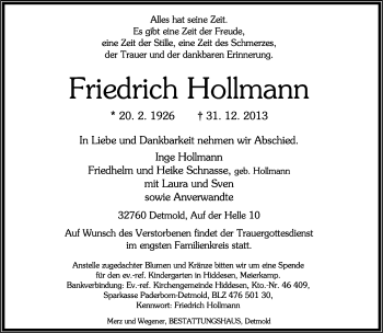 Anzeige  Friedrich Hollmann  Lippische Landes-Zeitung