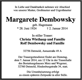 Anzeige  Margarete Dembowsky  Lippische Landes-Zeitung