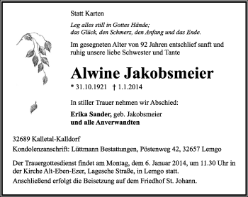 Anzeige  Alwine Jakobsmeier  Lippische Landes-Zeitung