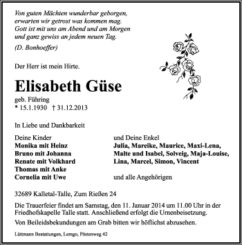 Anzeige  Elisabeth Güse  Lippische Landes-Zeitung