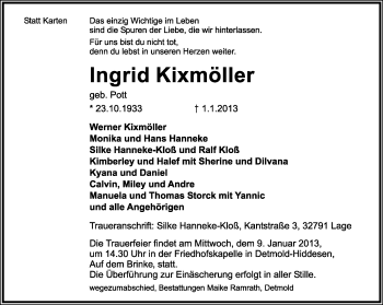 Anzeige  Ingrid Kixmöller  Lippische Landes-Zeitung