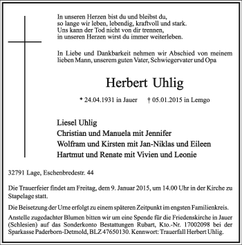 Anzeige  Herbert Uhlig  Lippische Landes-Zeitung