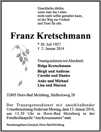 Anzeige  Franz Kretschmann  Lippische Landes-Zeitung