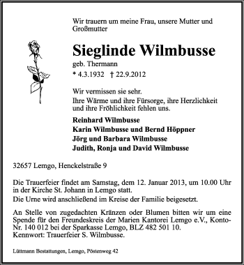 Anzeige  Sieglinde Wilmbusse  Lippische Landes-Zeitung