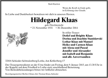 Anzeige  Hildegard Klaas  Lippische Landes-Zeitung