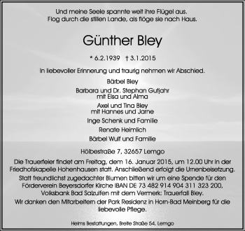 Anzeige  Günther Bley  Lippische Landes-Zeitung