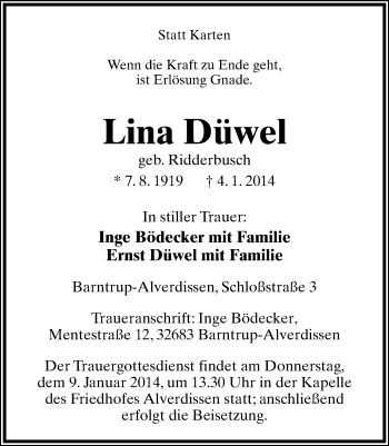 Anzeige  Lina Düwel  Lippische Landes-Zeitung