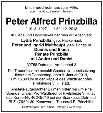 Anzeige  Peter Alfred Prinzbilla  Lippische Landes-Zeitung