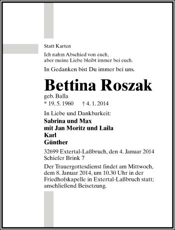 Anzeige  Bettina Roszak  Lippische Landes-Zeitung