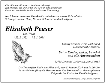 Anzeige  Elisabeth Peuser  Lippische Landes-Zeitung