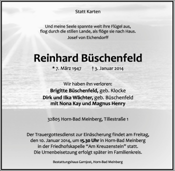 Anzeige  Reinhard Büschenfeld  Lippische Landes-Zeitung