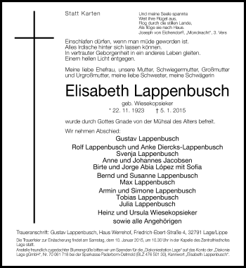 Anzeige  Elisabeth Lappenbusch  Lippische Landes-Zeitung