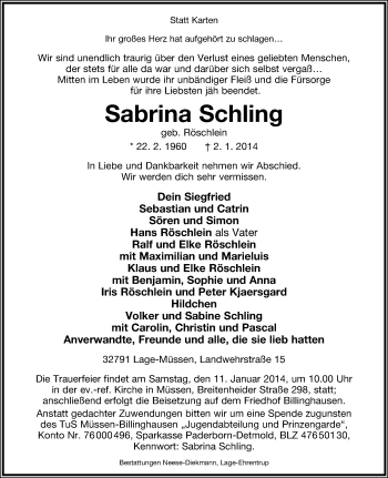 Anzeige  Sabrina Schling  Lippische Landes-Zeitung