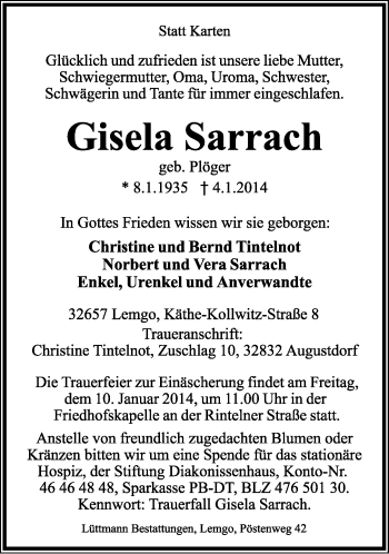 Anzeige  Gisela Sarrach  Lippische Landes-Zeitung