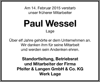 Anzeige  Paul Wessel  Lippische Landes-Zeitung