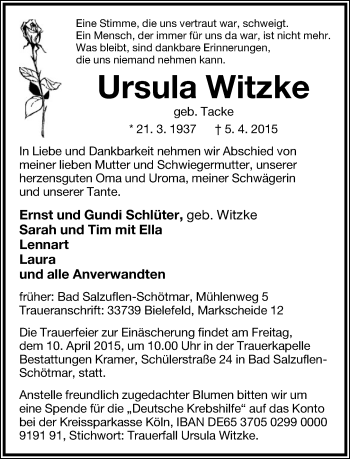Anzeige  Ursula Witzke  Lippische Landes-Zeitung