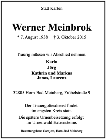 Anzeige  Werner Meinbrok  Lippische Landes-Zeitung