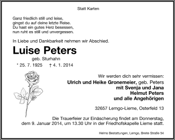 Anzeige  Luise Peters  Lippische Landes-Zeitung