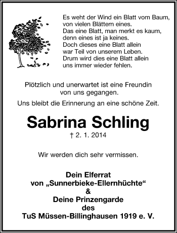 Anzeige  Sabrina Schling  Lippische Landes-Zeitung