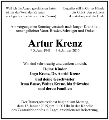 Anzeige  Artur Krenz  Lippische Landes-Zeitung