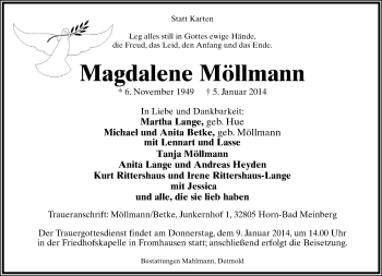 Anzeige  Magdalene Möllmann  Lippische Landes-Zeitung